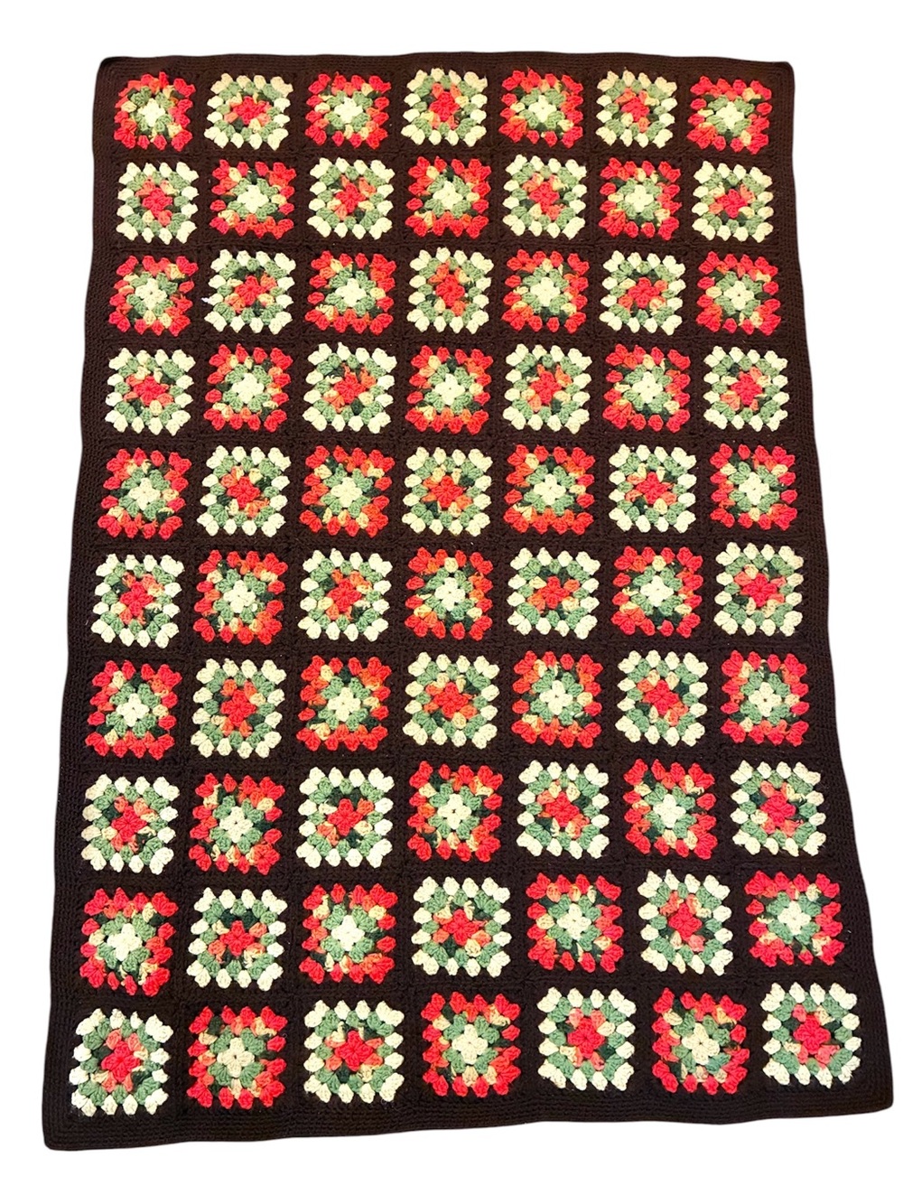 Crocheted Granny Square Throw Blanket 70s Brown Green Red Brown 62x43”